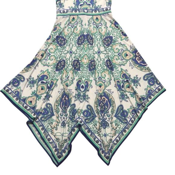 Donna Morgan Blue Green Paisley Print Asymmetrical Midi Dress Size 6 - Picture 9 of 14